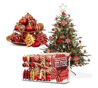 Avilia Kit de decoración para árbol de Navidad de 106 Piezas en Rojo y Dorado con Bolas, Flores y Estrellas irrompibles para Adornos navideños a Juego, fáciles de Colgar y reutilizar