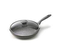 Avilia Sartén antiadherente de inducción con tapa, efecto piedra, cocción sin aceite, mango ergonómico Soft-Touch, excelente para carne, pescado y verduras, 24 cm, fabricada en Italia