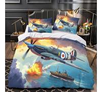 Avión de combate de la Segunda Guerra Mundial Funda de Edredón 3 Piezas Suave Estampado 3D Cremallera Oculta con Fundas de Almohada Aviación militar antigua Funda Edredon for niños Single（135x200cm）