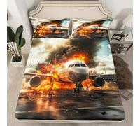 Avión impresión Fitted Sheet tamaño S, moderno Airplanen Airstrip protector de colchón negro con 1 funda de almohada, llama de fuego y patrón de humo cubierta profunda para cama de bolsillo (sin hoja