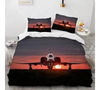 Avión King Queen Funda nórdica Juego de Cama con Tema de Aviones Militares Niños Niños Hombres Atardecer Avión Funda de edredón de poliéster 220x250cm + 50x80cmx2