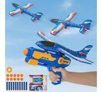 Avión Planeador - Aviones de Poliespan con Pistola Catapulta, Dardos, Pelota de Softbol Y Pegatina, Juguete de Avión Al Aire Libre Regalo de Cumpleaños para Mayores de 6 Años (Azul)
