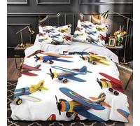 Aviones de juguete antiguos Funda de Edredón 3 Piezas Suave Estampado 3D Cremallera Oculta con Fundas de Almohada Suave Aviación retro colorida Funda Edredon for niños y niñas Single（135x200cm）