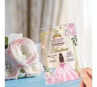 Avior Invitación de Quinceañera Vestido Rosa Invitación de Cristal Transparente, Mis Quince, Sweet 15, Sweet 16, Xv anos, 15 años (10pcs - 10 Invitaciones)