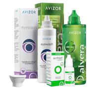 Avizor Pack Cuidado Lentillas: Eyewash 250ml Baño Ocular + Alvera 350ml Solución Única + Lacrifresh 15ml Gotas Lubricantes