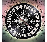 AVJERA Reloj de Pared con brújula vikinga, Relojes de Pared con Discos de Vinilo Colgantes Negros Vintage, Arte de la Pared Decoración mágica nórdica misteriosa para Sala de Estar