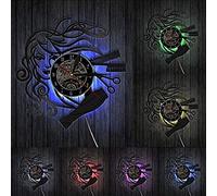 AVJERA Reloj de Pared Negro Vintage para peluquería, Disco de Vinilo, peluquería, barbería, peluquería, Reloj para Mujer, Regalo de peluquería, con Led