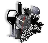 AVJERA Relojes de Pared de 12 pulgadasBotella de Vino con Copa de Vino Racimo de Uvas Disco de Vinilo Reloj de Pared Hogar Bar Bodega Decoración Cocina Naturaleza Muerta Reloj de álbum de Vinilo