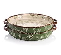 AVLA Paquete de 2 moldes redondos de cerámica para hornear, 23 cm con doble asa, plato de quiche profundo de 28 onzas para cocina, cocinar, asar lasaña (Sakura, verde)
