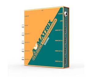 AVMATRIX SD2080 - Divisor y convertidor SDI/HDMI 2x8 - Entrada de detección automática, 4 salidas SDI + 4 salidas HDMI, soporta hasta 1080p60, selección de interruptor DIP, bloqueo de alimentación CC