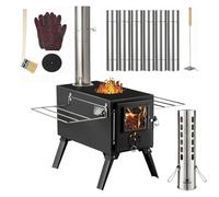 AVOFOREST - Estufa de leña, pequeña estufa de leña con 7 tubos de chimenea de acero inoxidable para calefacción y cocina al aire libre, pesca en hielo, caza (negro oscuro)