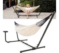 AVOID Hamaca 2 Personas con Portavasos - Beige - Incluye Base de Acero Sólida - Paño de algodón transpirable cómodo - Para interiores, jardín, balcón y piscina - Capacidad de carga máxima de 175 kg