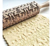 AvviKro Rodillo de amasar de Navidad, de madera 3D en relieve, rodillo de amasar con símbolos temáticos de Navidad grabados para hornear galletas en relieve, herramienta de cocina (alce)