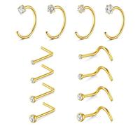 AVYRING 12 piercings de nariz para mujeres y hombres, anillos de nariz de acero inoxidable de 18 g con circonita cúbica, diamantes en forma de L, tornillos en plata/oro para uso diario, Acero