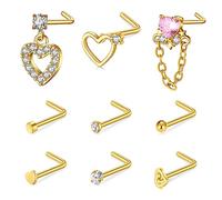 AVYRING 20G Coeur Piercing Nez L Forme Or Anneaux de Nez Acier Inoxydable Diamant CZ Femmes Nez Stud Piercing Bijoux 12 Pièces