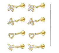 AVYRING 4 pares de aretes de nariz de acero inoxidable de 20 g y 8 mm con parte trasera plana para mujer, con corazón, flor, mariposa, circonita cúbica para hélice, tragus, caracola, daith, Acero