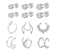 AVYRING Anillos Studs Magnéticos para Nariz Falsos Plateados, Pendientes y Aros para Septum y Labios en Acero Inoxidable 316L, sin Perforación, para Mujeres y Hombres