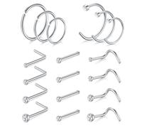 AVYRING Clous de nez en acier inoxydable 20G avec Zircone Cubique, Clous de nez avec anneau pour femmes et hommes, paquet de 18 pièces