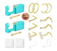 AVYRING Kit profesional de piercing de nariz, paquete de 2 pistolas autoperforantes desechables sin dolor con 20 g en forma de L y anillos para mujeres y hombres, Acero inoxidable