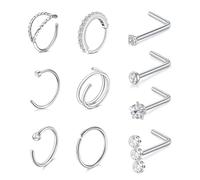 AVYRING Lot de 18 piercings de nez en acier inoxydable avec zircon cubique - 20 g - Vis en forme de L avec diamant - Pour homme et femme, Acier inoxydable