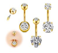 AVYRING Lot de 3 barres de nombril en acier chirurgical 14 g, barres de nombril en argent ou or de 10 mm avec zircon rond et cœur, hypoallergéniques, pour femmes et filles, Acier inoxydable