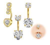 AVYRING Lot de 3 barres de nombril en acier chirurgical 14 g, barres de nombril en argent ou or de 10 mm avec zircon rond et cœur, hypoallergéniques, pour femmes et filles, Acier inoxydable