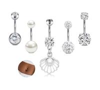AVYRING Lot de 5 piercings de nombril avec diamant, perle, pendentif coquillage, en acier inoxydable 16 G, piercing de nombril, bijoux pour femme, Acier inoxydable