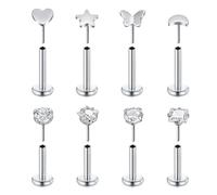 AVYRING Piercings de lèvre à dos plat en acier chirurgical 16 G 6 mm 8 mm argent doré avec étoile, papillon, lune, cœur CZ CZ cartilage, labret hélix, Acier inoxydable