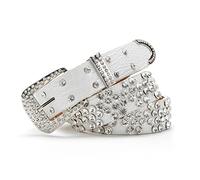 AVZXXKUF Cinturón de cuero occidental con diamantes de imitación para mujeres y hombres, diseño vintage de vaquera, cinturones para pantalones, jeans y vestidos, blanco,