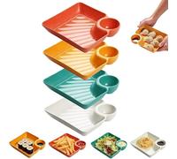 AVZYARDY Set de 4 platos con compartimentos para salsas, plato japonés para dumplings con cuencos para sumergir, bandejas coloridas para aperitivos y dips, ideal para chips, pollo frito, tacos y más