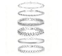 AWARDSEN Juego de 6 pulseras para hombre, pulsera de acero inoxidable, cadena cubana, regalo para hombres, papá, novio, marido, 7.5 pulgadas, 8.3 pulgadas, 9 pulgadas, 9 inches, Acero inoxidable