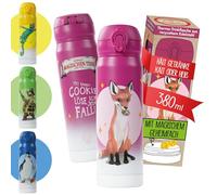 AWAVE Botella de agua para niños, de acero inoxidable, 380 ml, color rojo baya, con ácido carbónico, a prueba de fugas, termo, apertura con una mano, para escuela, guardería, viajes