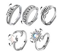 AWAVM 5 anillos de ansiedad para mujer, anillos giratorios abiertos ajustables para adolescentes y niñas, anillos de plata con diseños de mariposa, luna y estrella