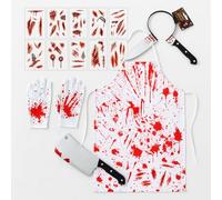 AWAVM Conjunto de disfraz de carnicero de Halloween, juego de delantal sangriento 5 en 1 con cabeza de cuchillo falso, guantes de tatuajes, traje de asesino en serie, accesorios de Halloween, fiesta