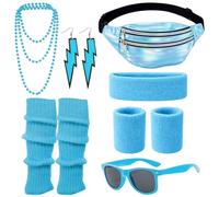 AWAVM Disfraz de los años 80s Retro Costume Clothing Accessories Headband Bracelets Leg Warmers Earrings Belt Bag Glasses for Carnival Neon Party (7, azul, One Size)
