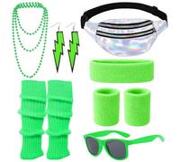 AWAVM Disfraz de los años 80s Retro Costume Clothing Accessories Headband Bracelets Leg Warmers Earrings Belt Bag Glasses for Carnival Neon Party (7, verde, One Size)
