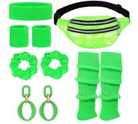 AWAVM Disfraz de los años 80s Retro Costume Clothing Accessories Headband Bracelets Leg Warmers Earrings Belt Bag Glasses for Carnival Neon Party (6, verde, One Size)