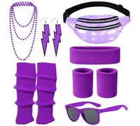 AWAVM Disfraz de los años 80s Retro Costume Clothing Accessories Headband Bracelets Leg Warmers Earrings Belt Bag Glasses for Carnival Neon Party (7, púrpura, One Size)