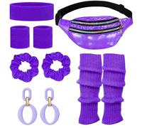 AWAVM Disfraz de los años 80s Retro Costume Clothing Accessories Headband Bracelets Leg Warmers Earrings Belt Bag Glasses for Carnival Neon Party (6, púrpura, One Size)