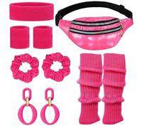 AWAVM Disfraz de los años 80s Retro Costume Clothing Accessories Headband Bracelets Leg Warmers Earrings Belt Bag Glasses for Carnival Neon Party (6, rosa magenta, One Size)