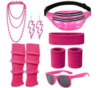 AWAVM Disfraz de los años 80s Retro Costume Clothing Accessories Headband Bracelets Leg Warmers Earrings Belt Bag Glasses for Carnival Neon Party (7, rosa magenta, One Size)
