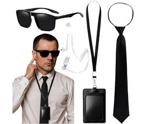 AWAVM Set de 5 accesorios de vestuario para agentes secretos, conjunto de uniforme de seguridad secreto, accesorios de vestuario para espías, incluyendo gafas de montura fina, corbata, accesorios para
