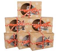 AWCIGG 6 Piezas Cajas Carton Navidad Cajas Regalo Navidad Caja Carton Para Galletas Gift Boxes Christmas Cake Box con Transparente Ventana Papel de óleo y Cintas