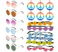 AWCIGG Juego de 18accesorios de disfraz hippie, gafas de sol redondas retro, collares con el signo de la paz y diademas de margaritas y girasoles para accesorios de vestir de los años 60y70