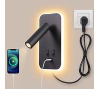 AWEKLIY Focos pared dormitorio Bañadores de pared cabecera apliques pared de Interruptor clásico/3W 3100k LED Cree COB/9W 6000k/Luz pared puerto de carga USB,Con cable y enchufe,Negro