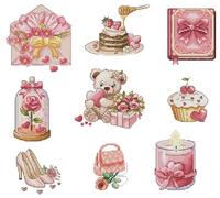 Awesocrafts Kit de punto de cruz con estampado de oso rosa, rosa, patrones fáciles, punto de cruz, bordado, costura, suministros de 14 quilates, 2 hebras