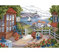 Awesocrafts Kit de punto de cruz estampado para terraza con flores florecientes, patrones fáciles, punto de cruz, bordado, costura, suministros de 14 quilates, 2 hebras (terraza)