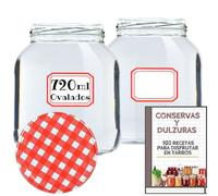 Awiku 6 Tarros de Cristal de 720 ml Ovalados con Tapa de Rosca Hermética + Ebook de 102 Recetas - Frascos para Conservas, Salsas, Mermelada, Puré - Incluye Etiquetas (6)