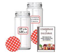 Awiku Tarros de Cristal de 570 ml con Tapa de Rosca Hermética de metal + Ebook de 102 Recetas - Frascos para Purés, Mermelada, Conservas, Salsas - Incluye Etiquetas (12)