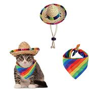 AWOCAN Sombrero de Paja para Mascotas, Divertido Sombrero Mexicano, Bufanda arcoíris, decoración de Fiesta para cumpleaños para Mascotas pequeñas, Cachorros, Gatos (A)